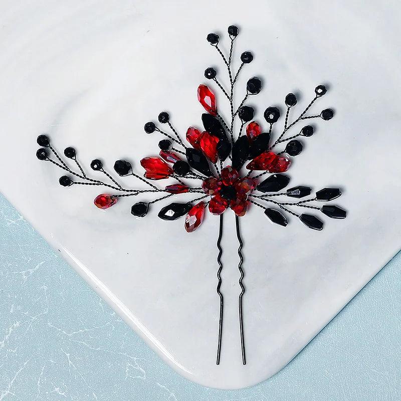 Red Crystal Flower Hair Forks Pins Women Hair Accessories