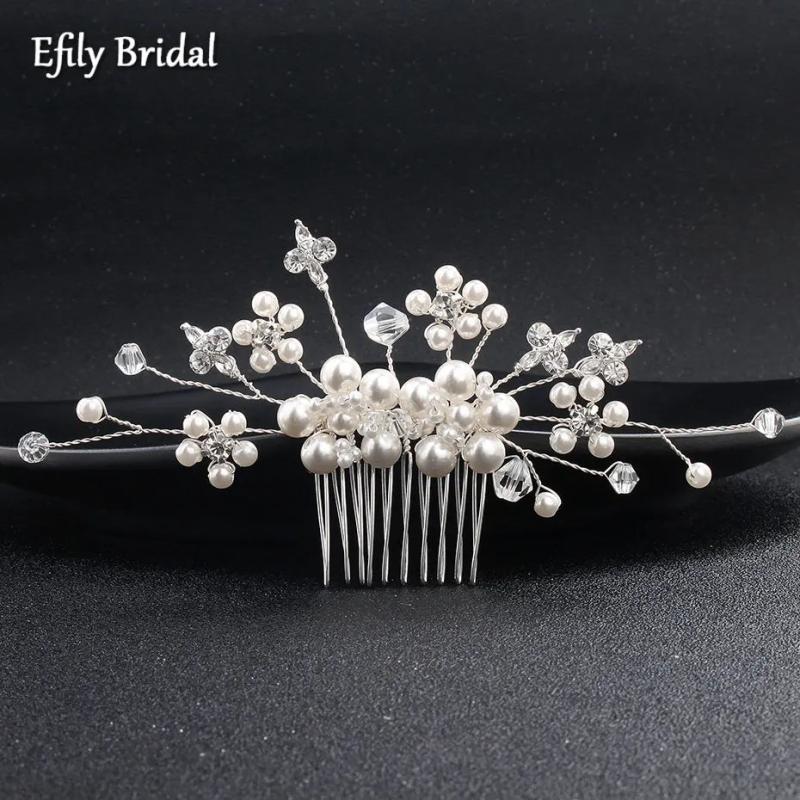 Efily Silver Pearl Bridal Hair Comb Rhinestone Crystal Wedding Headpiece