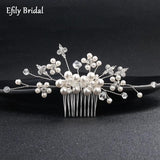 Efily Silver Pearl Bridal Hair Comb Rhinestone Crystal Wedding Headpiece
