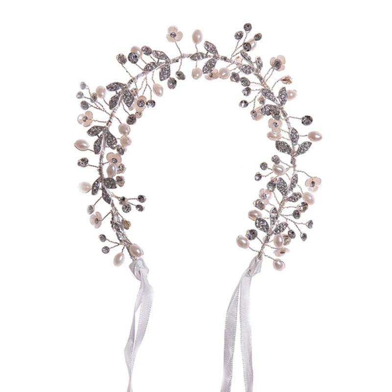 Beaded Headband Bridal Hair Hoop Crystal Pearls Headpiece Soft Closure
