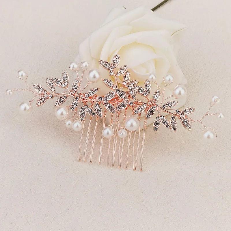 Rose Crystal Rhinestones Pearls Wedding Hair Comb Bridal Headpiece