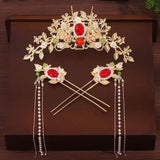 Chinese Plated Flowers Gem Hair Crown Hanfu Hair Accessories Set
