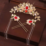 Chinese Plated Flowers Gem Hair Crown Hanfu Hair Accessories Set