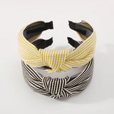 Yellow Striped Knotted Headband Wide Turban Hairband Cross Knot Hair Hoop