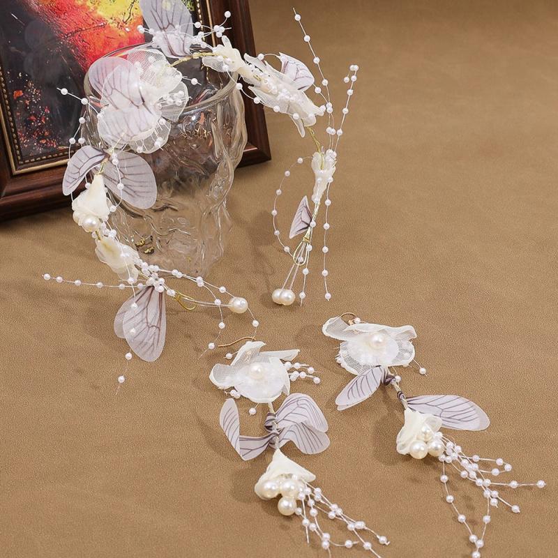 Butterfly Bridal Headband Pearl Earrings Hair Headdress Flower Wreath