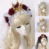 Gothic Sheep Horn Rose Flower Headband Lace Tiara Decor Headpiece