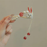 Red Rabbit Tassel Hairpin Women Back Of Head Pearl Clip Hair Accessory