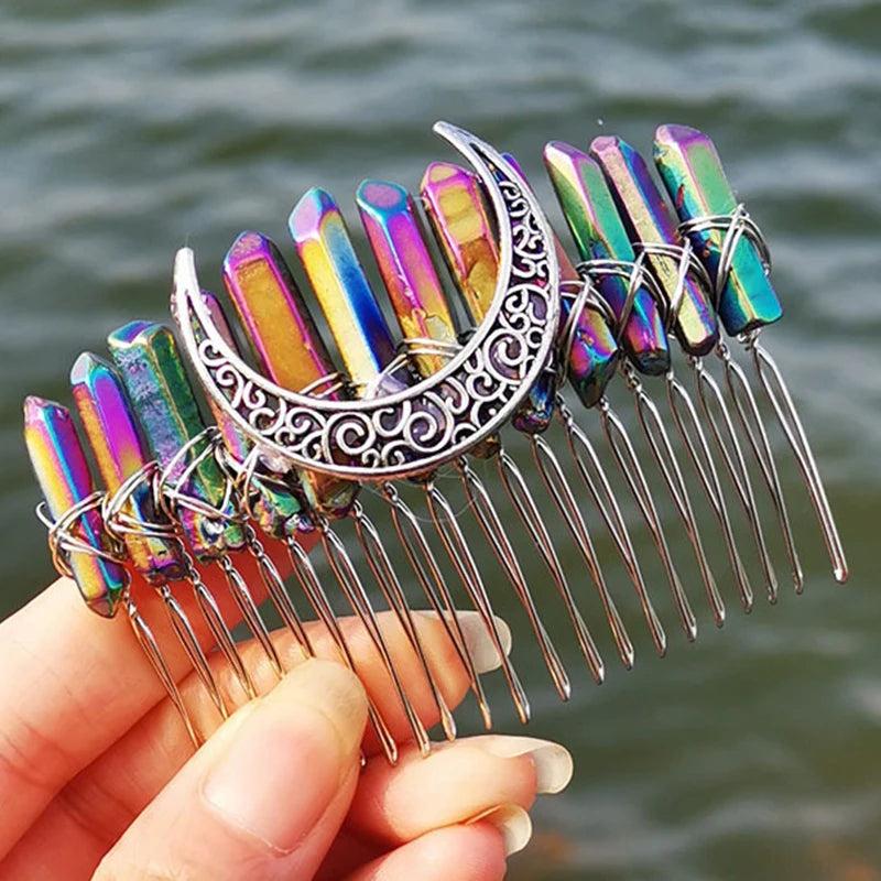 Witchcraft Moon Crystal Hairpin Wicca Rainbow Tiara Hair Comb