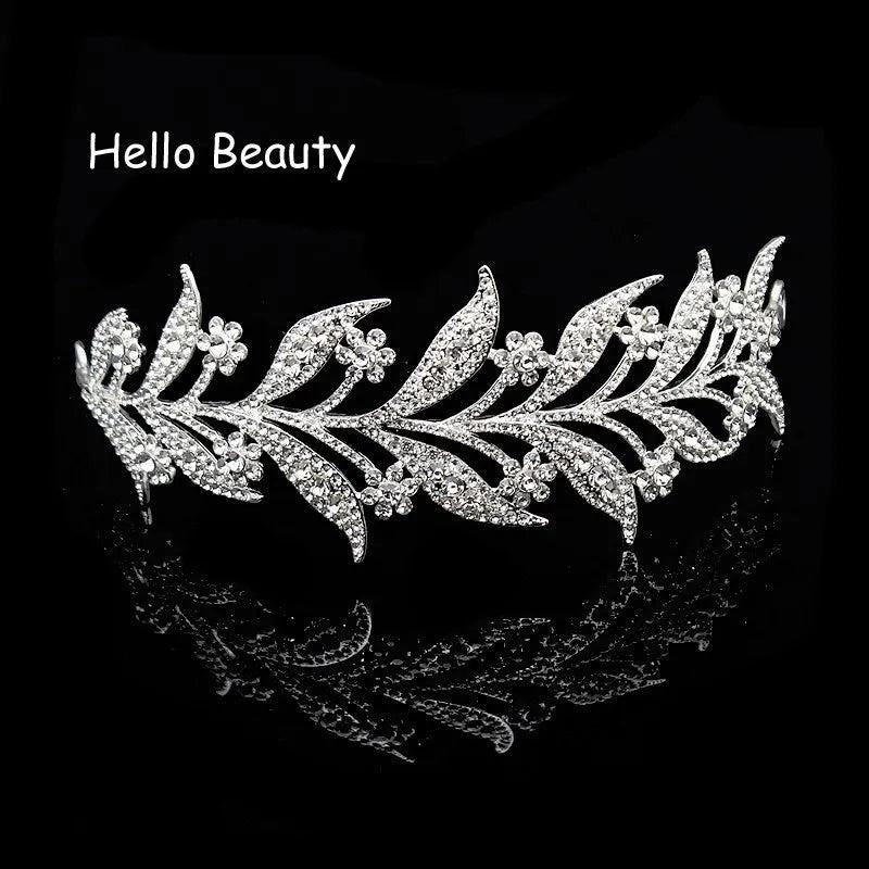 European Silver Crystal Bridal Leaf Prom Head Crown Bride Hair Jewelry