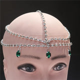 Boho Green Crystal Headband Hair Chain Water Drop Rhinestone Head Chain