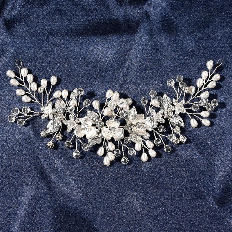Crystal Headbands Silver Plated Flower Pearls Hairbands for Women Girls Wedding