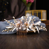Golden Pearl Rhinestone Floral Hair Comb for Wedding Party