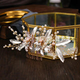 Golden Pearl Rhinestone Floral Hair Comb for Wedding Party