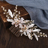Golden Pearl Rhinestone Floral Hair Comb for Wedding Party