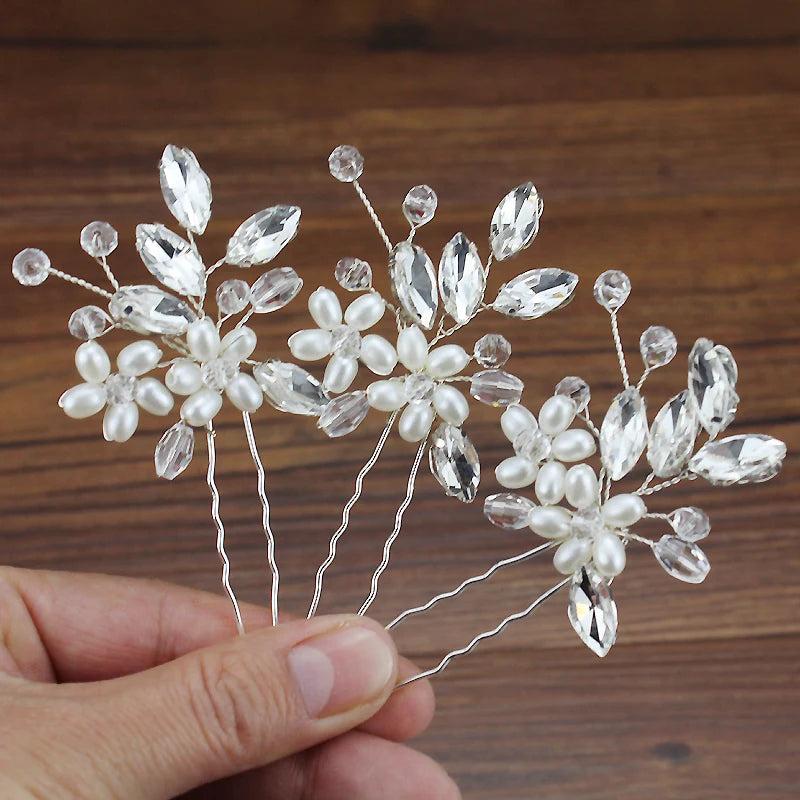 3PCS Crystal Beads Women Hair Pin Pearl Bride Hairpins Wedding Bridal