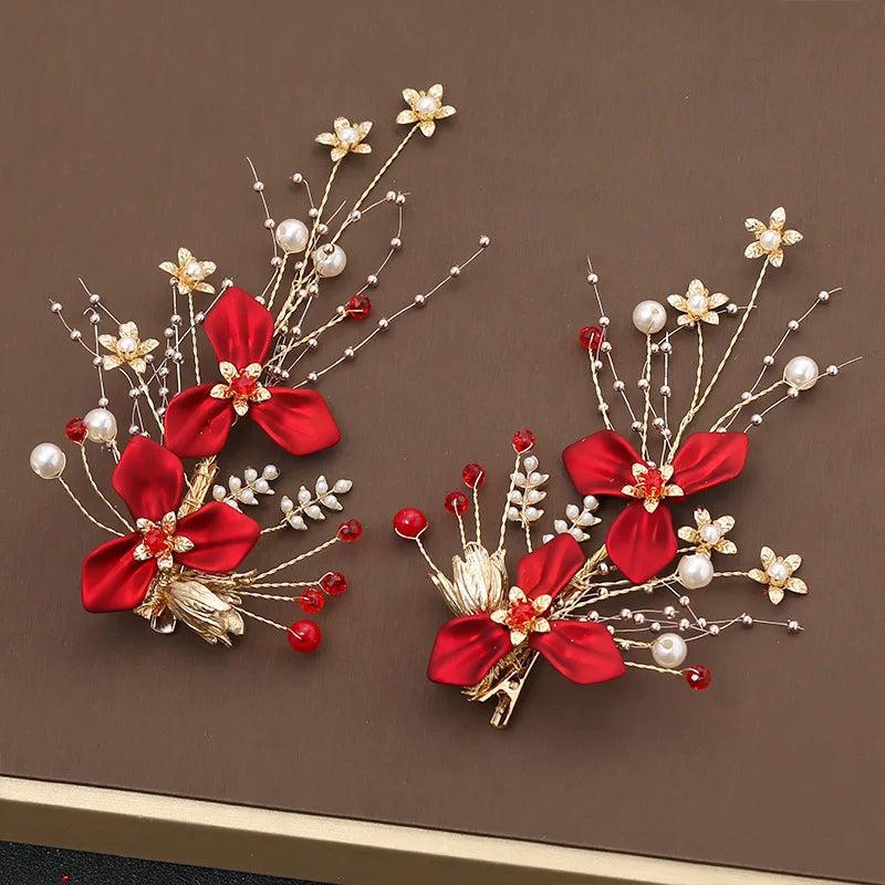 2pcs Red Flower Hair Clip Barrettes Bride Wedding Party Headdress Accessories