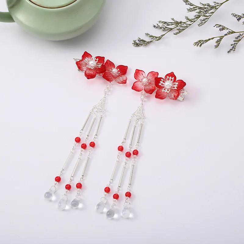 Vintage Hanfu Flower Pearl Long Tassel Hair Clip Women Hair Clip Hairpin