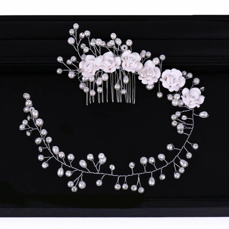 AiliBride Long Flower Pearl Hair Comb Bridal Hair Accessories