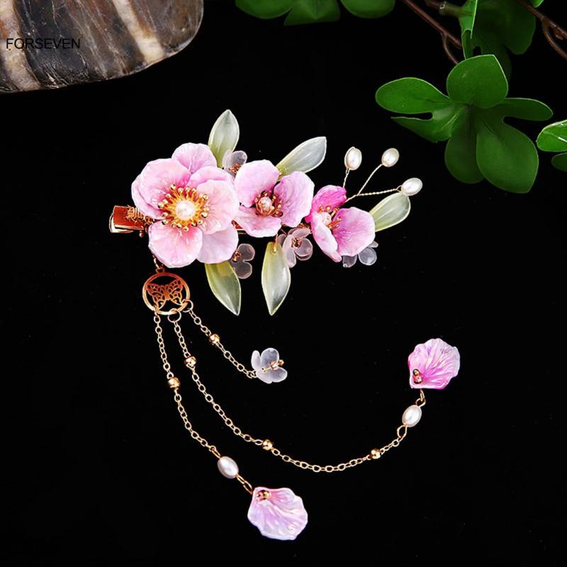 Pink Purple Flower Hairpins Side Clips for Women Girls Hanfu Dress