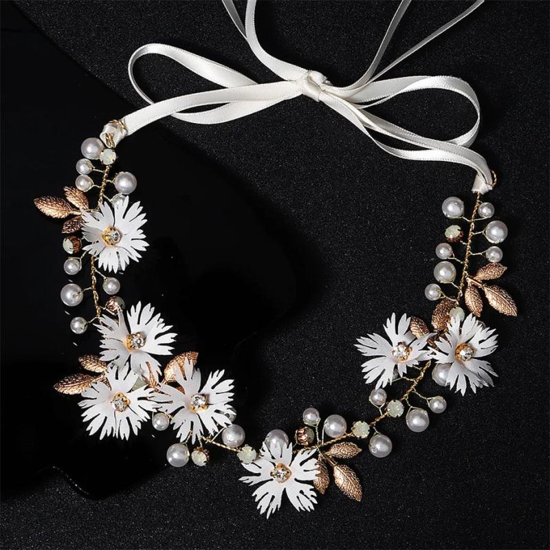 Efily Daisy Flower Headband Leaf Pearl Bridal Hairband Wedding Hair Accessories