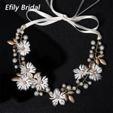 Efily Daisy Flower Headband Leaf Pearl Bridal Hairband Wedding Hair Accessories