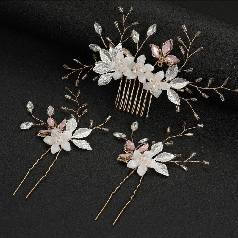 3PCS Rhinestone Beaded Flower Hair Combs For Women