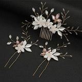 3PCS Rhinestone Beaded Flower Hair Combs For Women