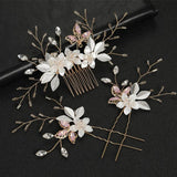 3PCS Rhinestone Beaded Flower Hair Combs For Women