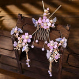 Purple Flower Hair Sticks Hanfu Accessories Pearl Tassel Alloy Headpiece