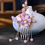Purple Flower Hair Sticks Hanfu Accessories Pearl Tassel Alloy Headpiece