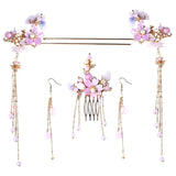 Purple Flower Hair Sticks Hanfu Accessories Pearl Tassel Alloy Headpiece