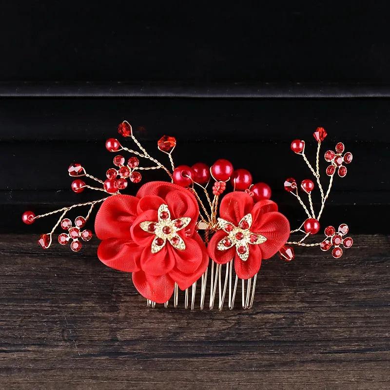 Red Flower Hair Comb with Rhinestone Clips - Wedding Headdress