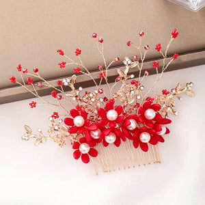 Red Flower Hair Comb with Rhinestone Clips - Wedding Headdress
