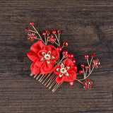 Red Flower Hair Comb with Rhinestone Clips - Wedding Headdress
