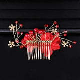 Red Flower Hair Comb with Rhinestone Clips - Wedding Headdress