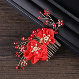 Red Flower Hair Comb with Rhinestone Clips - Wedding Headdress