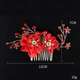 Red Flower Hair Comb with Rhinestone Clips - Wedding Headdress
