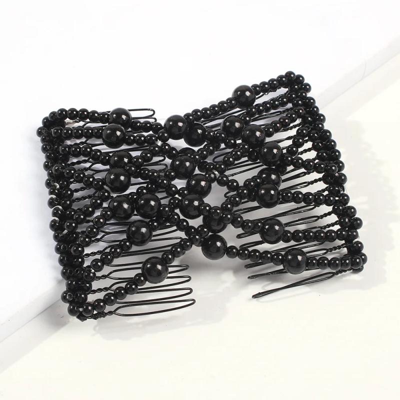 Pearl Beads Elastic Hair Combs Bow Double Slide Magic Hair Clip Hairpin