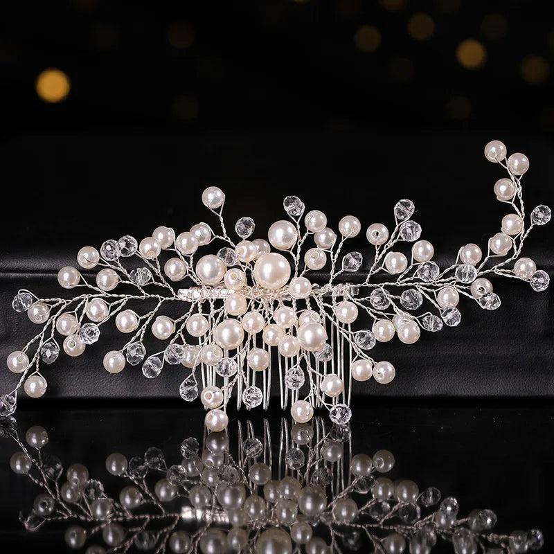 Flowers Pearl Hair Combs Silver Crystal Hairpins Bride Tiaras Bride Headpiece