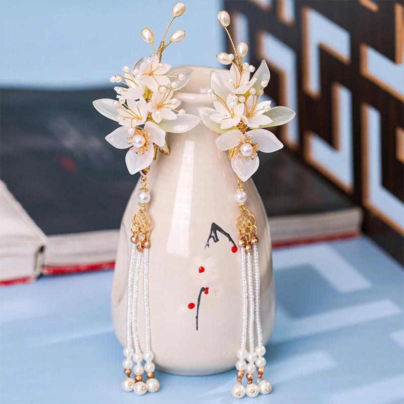 2pcs Tassel Hair Clips Flower Pearl Chinese Hanfu Hair Accessories Vintage