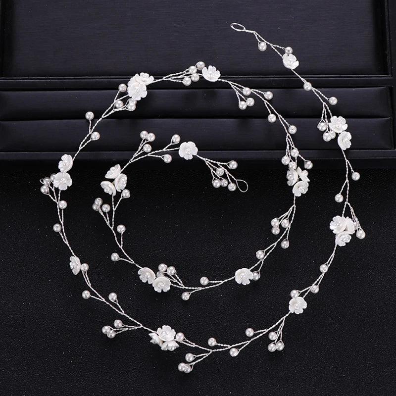 Silver Pearl Flower Hair Vine Band Headband for Women Bridal Wedding