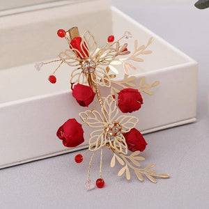 Red Crystal Flower Hair Clip Bride Wedding Party Hairpin