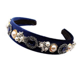 Vintage Navy Crystal Rhinestone Headband Flower Pearls Velvet Hairband