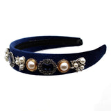 Vintage Navy Crystal Rhinestone Headband Flower Pearls Velvet Hairband