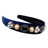 Vintage Navy Crystal Rhinestone Headband Flower Pearls Velvet Hairband