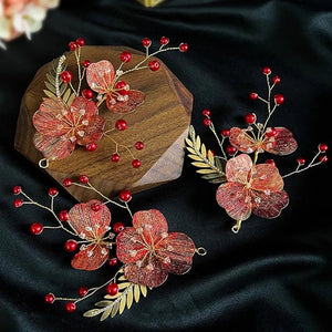 Crystal Red Floral Hair Clip Wedding Bride Hair Accessories