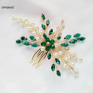 Emerald Crystal Hair Comb Bride Tiaras Pearl Side Pin Wedding Hair Ornament