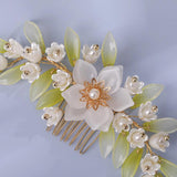 Vintage Green Flower Hair Comb for Hanfu Hair Accessories