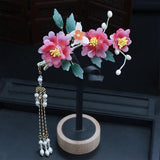Pink Flower Hairpins Clips Chinese Style Hair Jewelry Women Girls Hanfu Dress