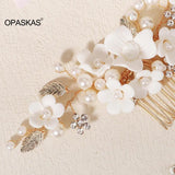 Rhinestone Hair Accessory Ceramic Flower Faux Pearls Hair Comb